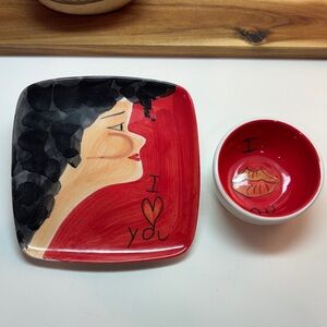 RARE Vintage Collectible Red and Black Artistic Plate and Bowl Set